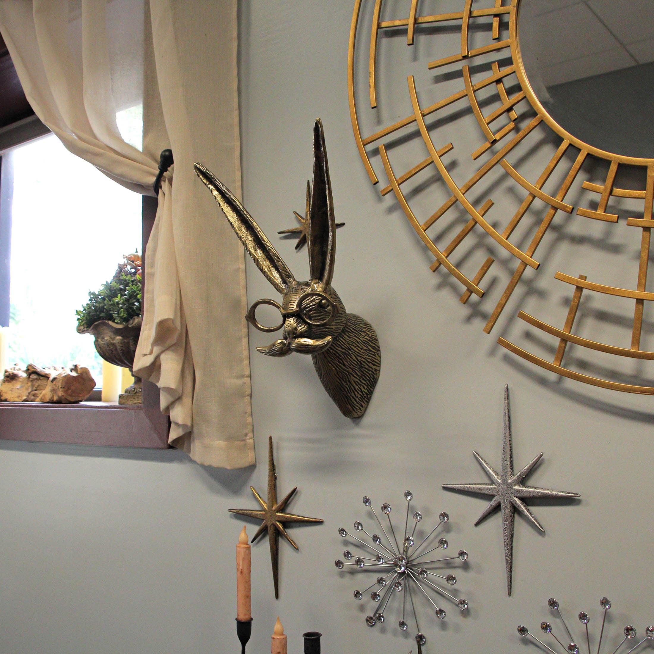 Gold Finish Hare Head Wall Hanging with Round Glasses