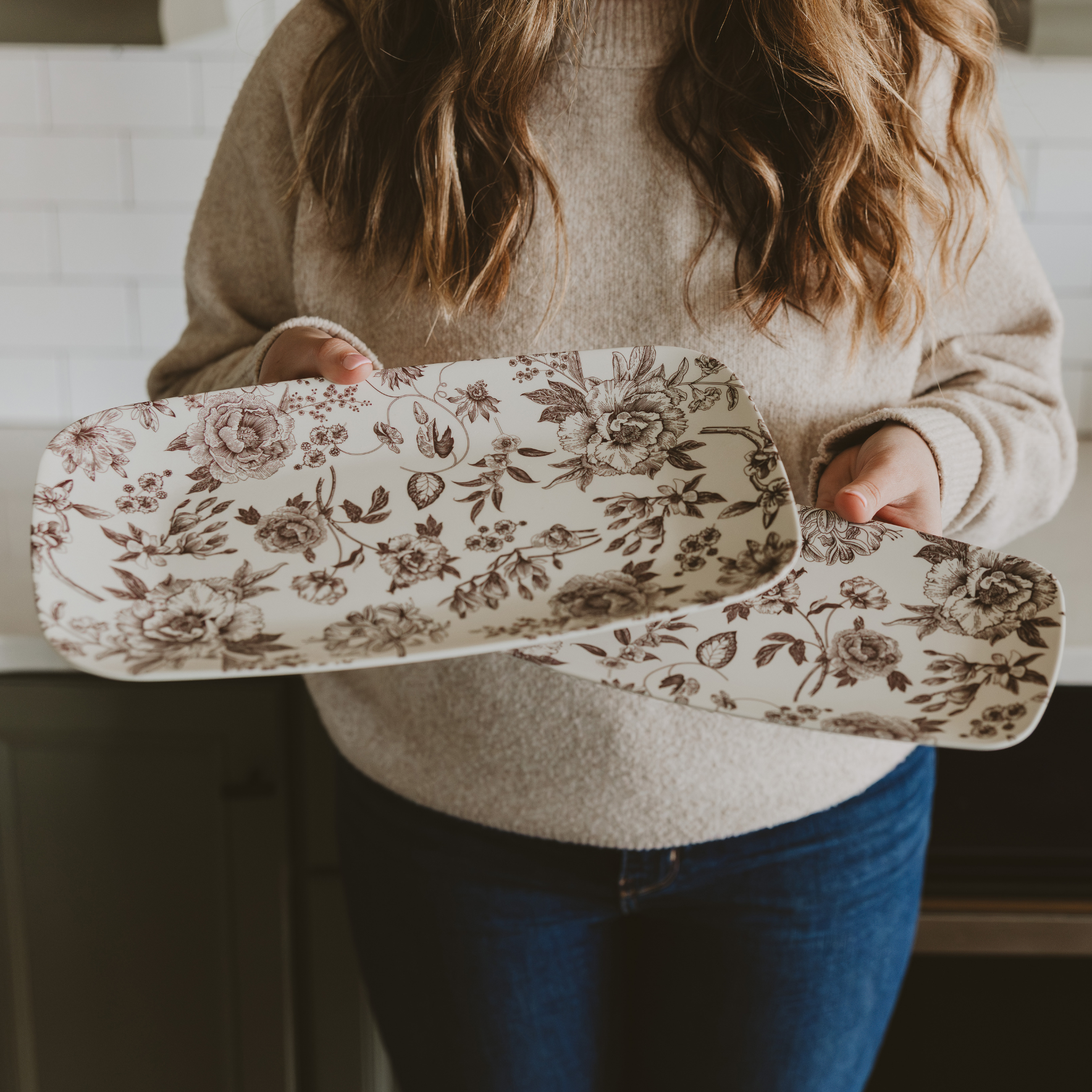 Brown Delft Stacking Melamine Trays (Set of 2)