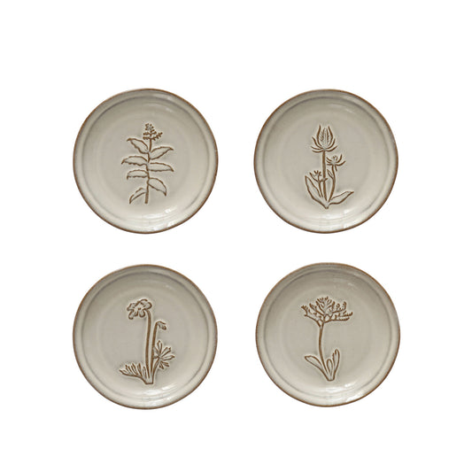 Embossed Stoneware Dish w/ Flower, 4 Styles (Each One Will Vary)